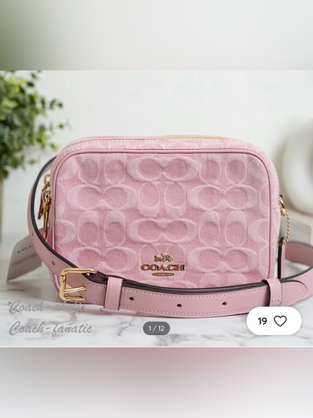 Coach Pink Signature Canvas Crossbody Camera Bag with Gold Hardware